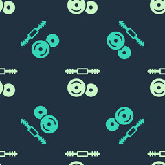 Green and beige Barbell icon isolated seamless pattern on blue background. Muscle lifting icon, fitness barbell, gym, sports equipment, exercise bumbbell. Vector