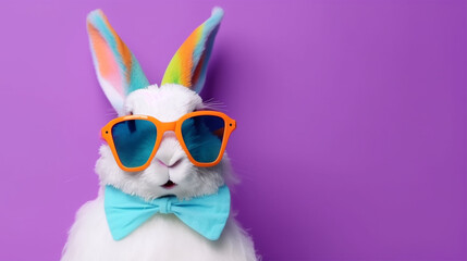 Cool bunny with sunglasses on colorful background. Generative AI