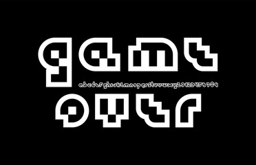 Pixel font, trendy alphabet, white letters and numbers and punctuation marks, vector illustration 10eps