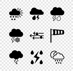 Obraz premium Set Cloudy with snow, rain and lightning, Storm, rain, moon, and Wind icon. Vector