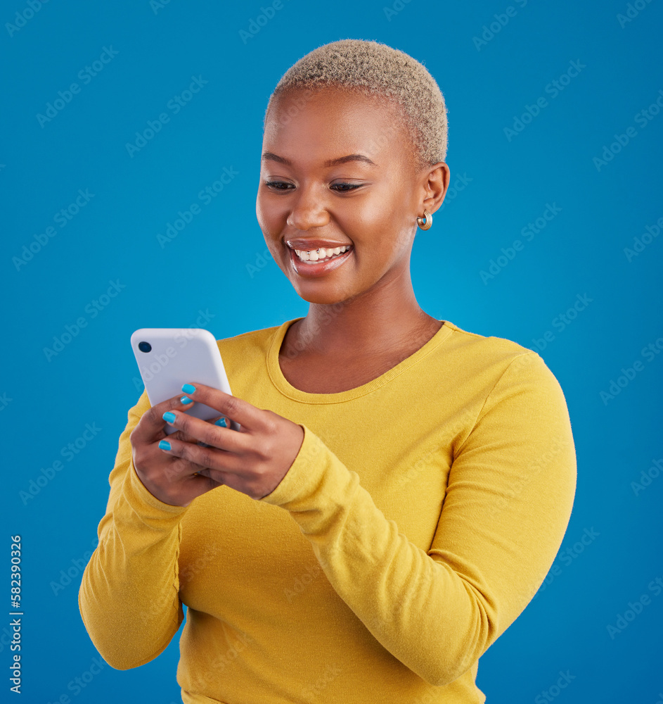 Poster phone, typing and black woman in studio with smile for social media, text message and browse website