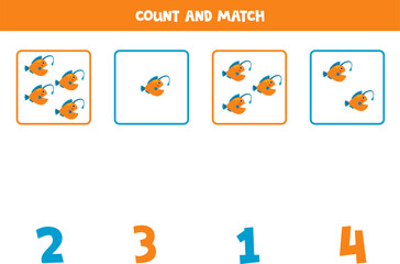 Fototapeta premium Counting game for kids. Count all anglerfish and match with numbers. Worksheet for children.