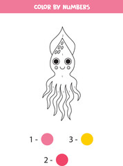 Color cute cartoon squid by numbers. Worksheet for kids.