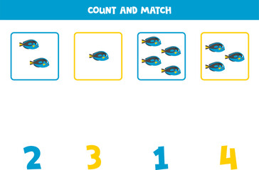 Counting game for kids. Count all blue tang fish and match with numbers. Worksheet for children.