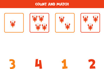 Counting game for kids. Count all red lobsters and match with numbers. Worksheet for children.