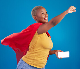 Superhero, mockup and phone with black woman in studio for flying, power and deal. Mobile, strong...