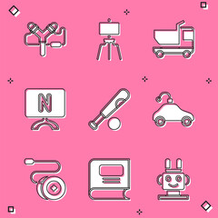 Set Slingshot, Wood easel, Toy truck, Smart Tv, Baseball bat with ball, Radio controlled car toy, Yoyo and Book icon. Vector