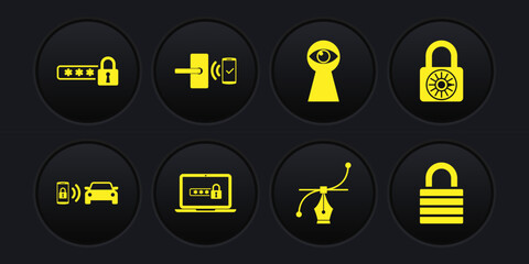 Set Smart car alarm system, Safe combination lock wheel, Laptop with password, Bezier curve, Keyhole eye and Digital door wireless icon. Vector