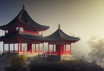 Fototapeta na wymiar Chinese pagoda temple digital painting concept art. 2d illustration. Generative AI
