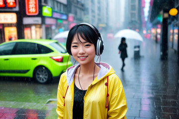 Fototapeta premium Portrait of a beautiful girl in headphones, rainy city street as a background. Generative AI.