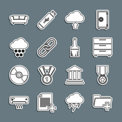 Set line Add new folder, Medal with star, Furniture nightstand, Cloud upload, Chain link, snow, Sofa and Paint brush icon. Vector