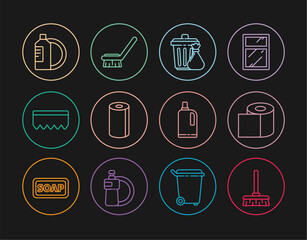 Set line Handle broom, Toilet paper roll, Trash can garbage bag, Paper towel, Sponge with bubbles, Dishwashing liquid bottle plate, Fabric softener and Brush for cleaning icon. Vector