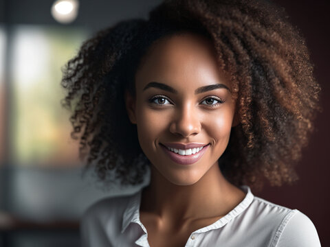 A young dark-skinned woman with shaggy hairstyle, in white shirt smiling in office, generative AI