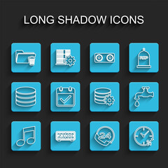 Set line Music note, tone, Retro flip clock, Delete folder, Telephone 24 hours support, Clock, Calendar with check mark, Water tap and Setting database server icon. Vector