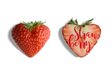 Strawberryロゴ入、ハート型の赤いイチゴ「紅ほっぺ」の切抜き素材