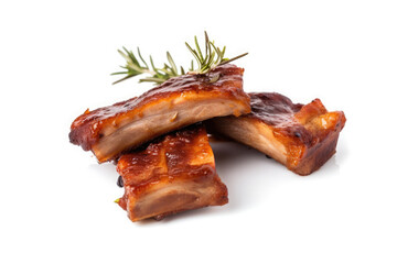 Hot grilled spare ribs with barbecue sauce isolated on white background. Ai generative