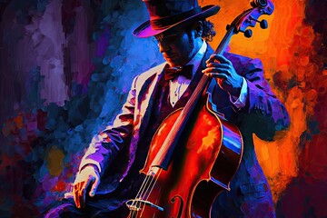 Jazz cellist in impressionist art with abstract background. Generative AI - obrazy, fototapety, plakaty