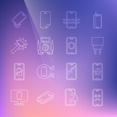 Set line Dead mobile, Mobile with smart home, Charger, Waterproof phone, Multimeter, Hammer, Shockproof and shield icon. Vector