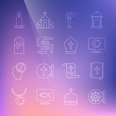 Set line Dharma wheel, Holy bible book, Star and crescent, Aspergillum, Hindu swastika, Easter cake, Burning candle and Pope hat icon. Vector
