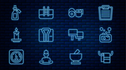 Set line Towel on a hanger, Bar of soap, Toilet paper roll, Bathrobe, Aroma candle, Essential bottle, Sauna wood bench and Swimming pool with ladder icon. Vector