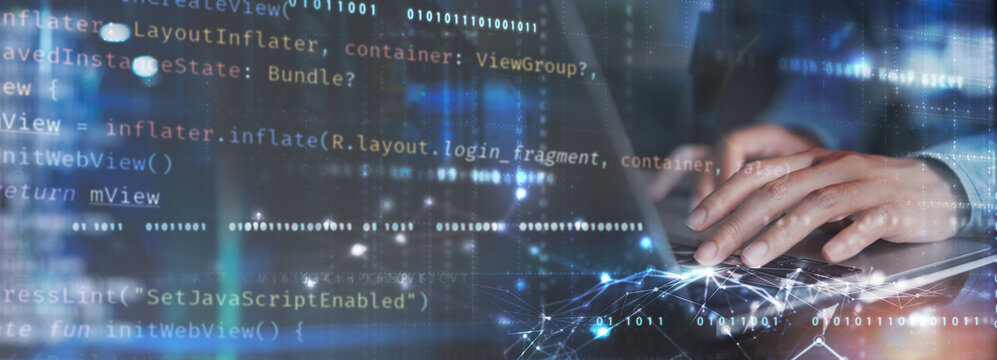 Digital technology, software development concept. Coding programmer, software engineer working on laptop with circuit board and javascript on virtual screen, internet of things IoT