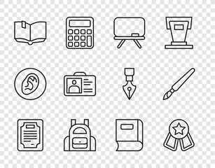 Set line Certificate template, Medal with star, Chalkboard, School backpack, Open book, Identification badge, Book and Paint brush icon. Vector