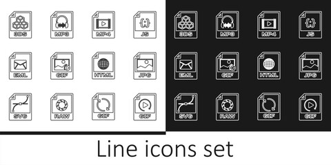 Set line GIF file document, JPG, MP4, EML, 3DS, HTML and MP3 icon. Vector