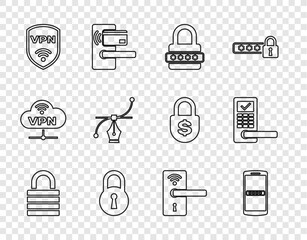 Set line Lock, Mobile and password, Password protection, Shield with VPN wireless, Bezier curve, Digital door lock and icon. Vector