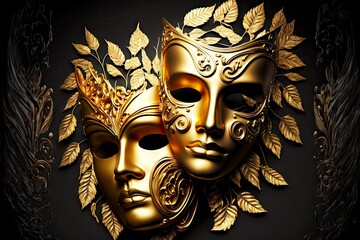 golden theater masks of drama and comedy on a dark background, created with generative ai