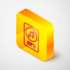 Isometric line MP3 file document. Download mp3 button icon isolated on grey background. Mp3 music format sign. MP3 file symbol. Yellow square button. Vector