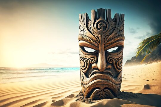 wooden polynesian tiki mask on sandy beach by sea, created with generative ai