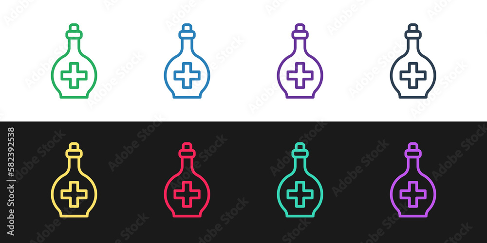 Poster set line bottle with potion icon isolated on black and white background. flask with magic potion. ha