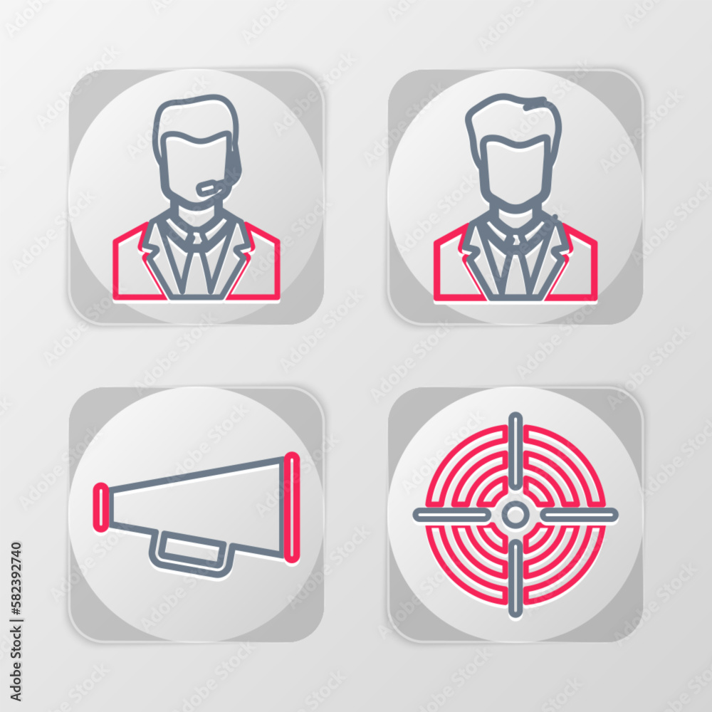 Wall mural set line target sport, megaphone, user of man in business suit and man with headset icon. vector