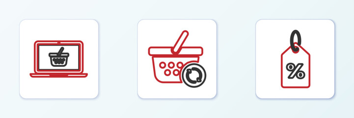 Set line Discount percent tag, Shopping basket on laptop and Refresh shopping icon. Vector
