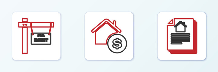 Set line House contract, Hanging sign with For Rent and dollar icon. Vector