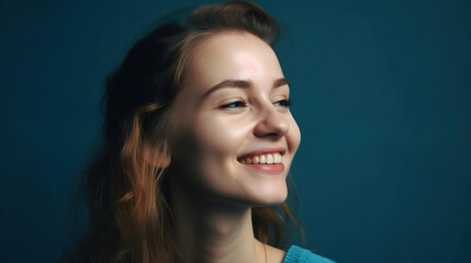 Fototapeta premium portrait of a smiling happy young woman on blue background, generative ai