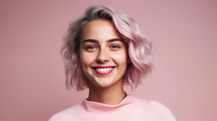 Fototapeta premium portrait of a smiling happy young woman on pink background, generative ai