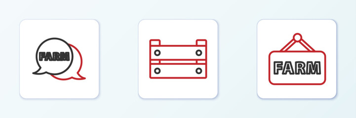 Set line Signboard with text Farm, Speech bubble and Wooden box icon. Vector
