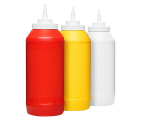Plastic bottles with ketchup, mustard and mayonnaise, cut out