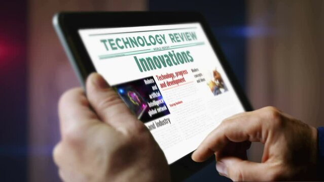 Innovation creative science and technology development daily newspaper reading on mobile tablet computer screen. Man touch screen with headlines news abstract concept 3d.