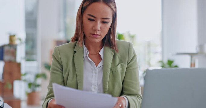 Serious, business woman with documents, computer and office management, accounting budget or payroll check. Busy professional accountant person with company taxes, audit or financial paperwork review