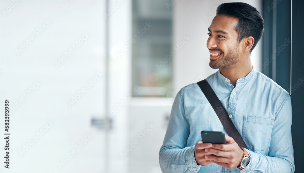 Sticker Happy, business and an Asian man with a phone for social media, communication and chat. Thinking, mockup and a Chinese employee typing on a mobile app, replying to a message or work email online