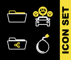 Set line Car sharing, Bomb ready to explode, Share folder and Folder icon. Vector
