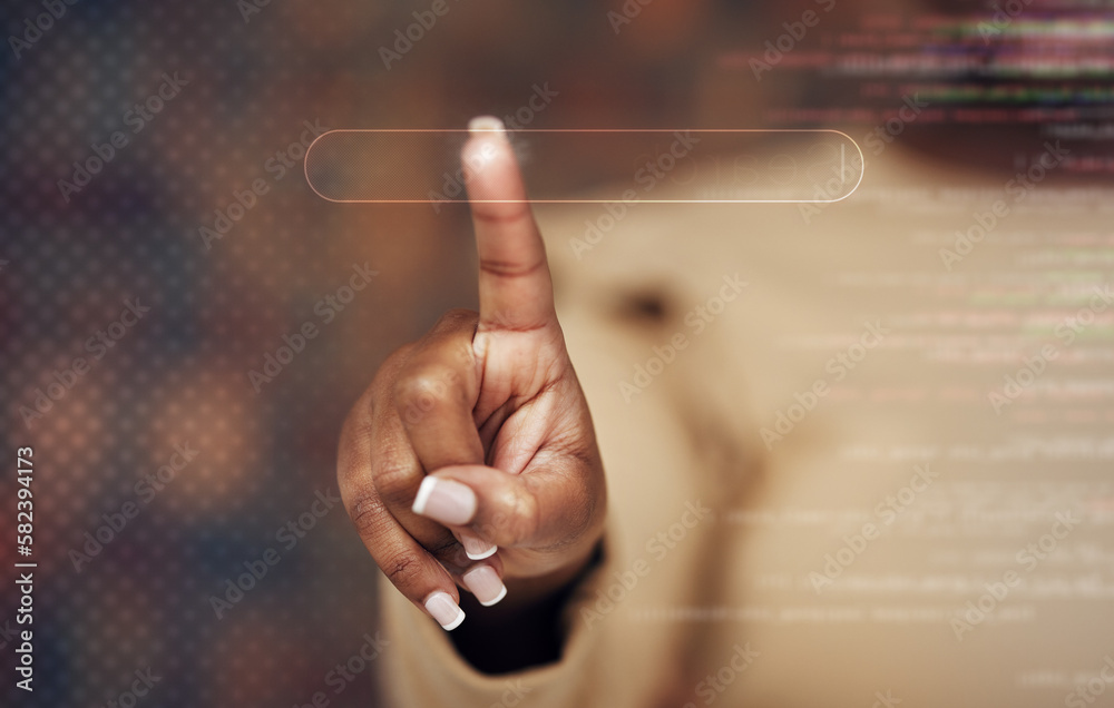 Poster Hand, search and overlay with a woman online, doing research on an information database using a holographic dashboard. Digital, future and a female user with touchscreen ai or ux hologram technology