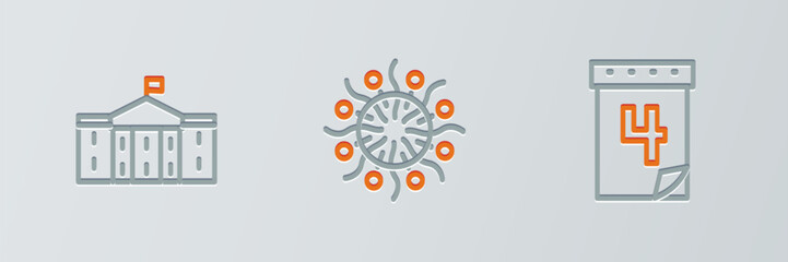 Set line Calendar with date July 4, United States Capitol Congress and Firework icon. Vector