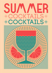 Summer Cocktails Menu poster. Graphic linear geometric pattern stylized emblem, sign, badge design in circle. Glass and citrus slices. Vector illustration.