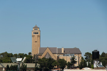 Fototapeta premium Augusta Victoria church-hospital complex on the Olives Mount, Jerusalem. German Protestant Church of the Ascension with 50 m high bell tower.