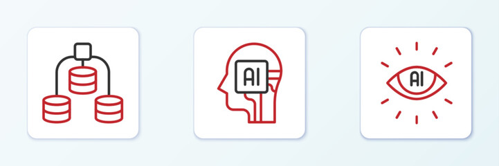 Set line Artificial intelligence AI, Server, Data and Humanoid robot icon. Vector