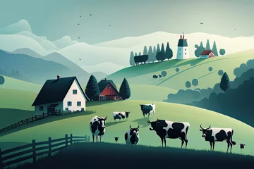 Kussenhoes Rural landscape with field, trees, grass and cows. Generative Ai © Vasiliy Koval