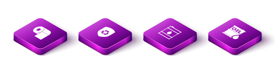 Set Isometric Toilet paper roll, Recycle inside shield, Oil barrel and icon. Vector